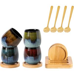Hand-painted Ceramic Espresso Cup with Bamboo Tray holder and Spoons Set of 4, 2.7 Oz 80ml Kung Fu Tea Set,Demitasse cup,Tazas de Cafe, Yerba Mate Cup,Korean soju(4 Colors Mix)