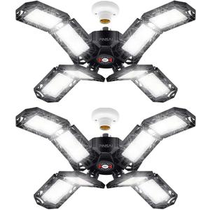 2 Pack LED Garage Light, Super Bright Screw in E26/E27 Ceiling Shop Work Lamp, 200W 20000 Lumen Deformable Basement Bulb Fixture with 8 Adjustable Panels