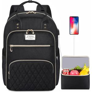 ETRONIK Lunch Backpack for Women, 15.6 inch Laptop Backpack with USB Port, Teacher Nurse Work Backpack with Insulated Cooler Lunch Bag, Travel Bags for Women & Men, Gift, Black