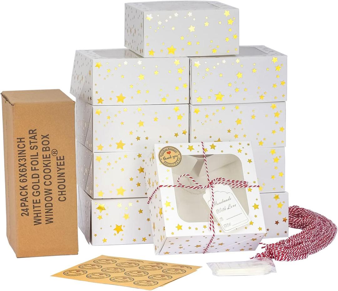 24 Pack 6X6X3 Christmas Cookie Boxes for Gift Giving Gold Foil Star White Bakery Boxes with Window 6 Inch Small Treat Boxes for Mini Cake Pastry Dessert Cupcakes Candy Donut Packaging