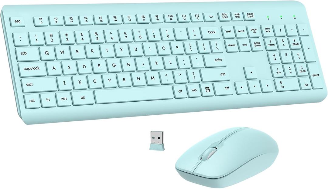 Wireless Keyboard and Mouse Combo, Full Size Silent Ergonomic Keyboard and Mouse, Long Battery Life, Optical Mouse, 2.4G Lag-Free Cordless Mice Keyboard for Computer, Mac, Laptop, PC, Windows(Green)