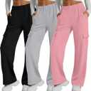 Neer 3 Pack Womens Pants with Cargo Pockets Casual High Waisted Baggy Wide Straight Leg Sweatpants Lounge Joggers Trousers (Large, Black, Light Gray, Pink)