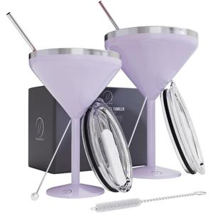 8 oz. Vacuum Sealed Martini Glass [Lilac/Set of 2] - Stainless Steel Martini Glass, Insulated Tumbler with Straws, Olive Pins, Straw Cleaner, Insulated Glass for Mother's Day Gift