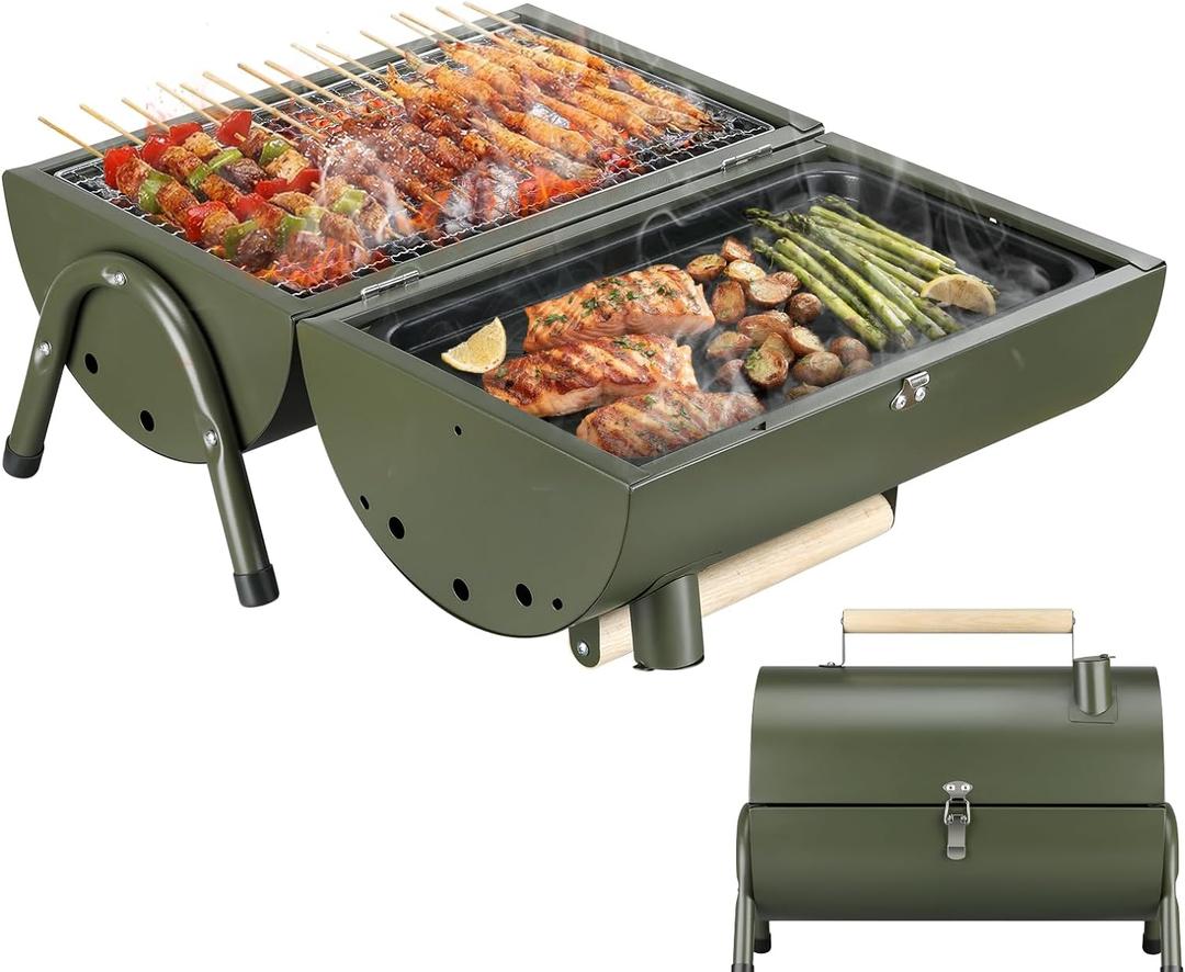MAISON HUIS Portable Charcoal Grill Two Side Carbon Griller Mini Smoker Small BBQ Grill Outdoor for Travel Backyard Picnic Beach (Green)