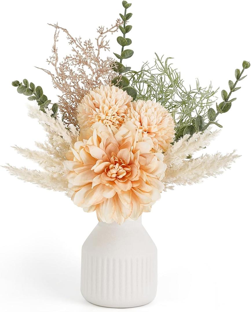 Mkono Small Artificial Flowers in Ceramic Vase 12.5" Centerpieces Coffee Table Decor, Silk Flower Arrangements for Home Decor Indoor Fake Flower Bouquet for Bathroom Dining Room Kitchen Champagne