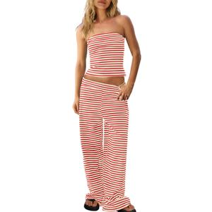 Panadila Womens Striped Two Piece Sets Summer Lounge Outfits Sailor Tube Top and Pants Matching Set Beach Vacation Travel Y2k (Size Medium, Red Combo)