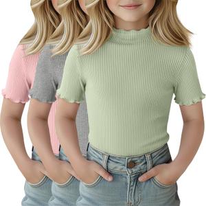 3 Pack Girls Shirts Short Sleeve Mock Turtleneck Cotton Cute Lettuce Trim Summer Tops 7-8Y Kids Clothes