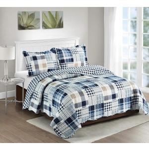 Brilliant Sunshine Blue Plaids and Stripes Patchwork, 3-Piece Quilt Set with 2 Shams, Reversible Bedspread, Soft Lightweight Coverlet, All-Season, Full/Queen, Blue