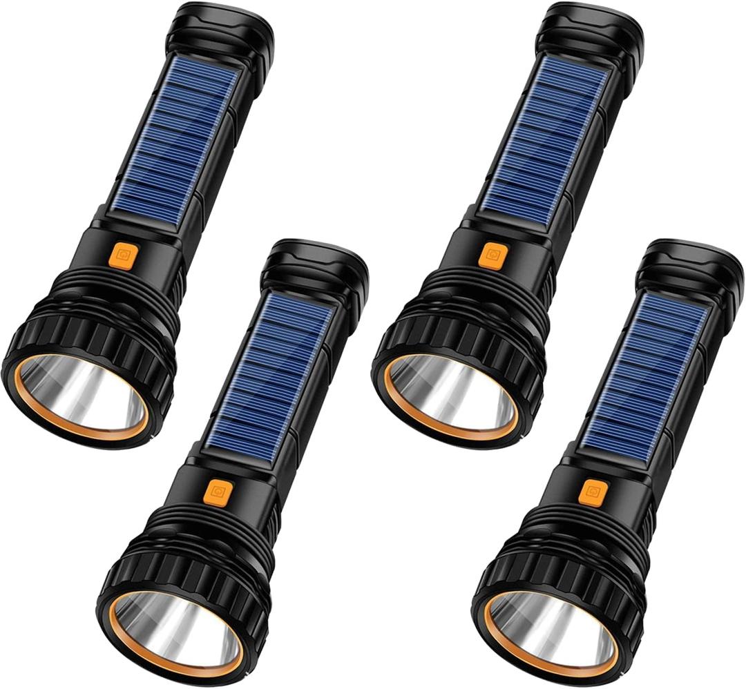 4pcs Solar/Rechargeable Multi Function 1000 Lumens LED Flashlight, with Emergency Strobe Light and 1200 Mah Battery, Emergency Power Supply and USB Charging Cable, Fast Charging (4PC) (Black)