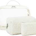 Bluboon 3Pcs Makeup Toiletry Bag for Women, Clear Packing Cubes Cosmetic Bag for Travel Women With Zipper Travel Essentials (Beige Lamb Wool)