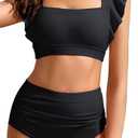 Kate Kasin Womens High Waisted Bikini Sets Ruffle Tummy Control Swimsuits Full Coverage Cheeky Two Piece Bathing Suit Size M