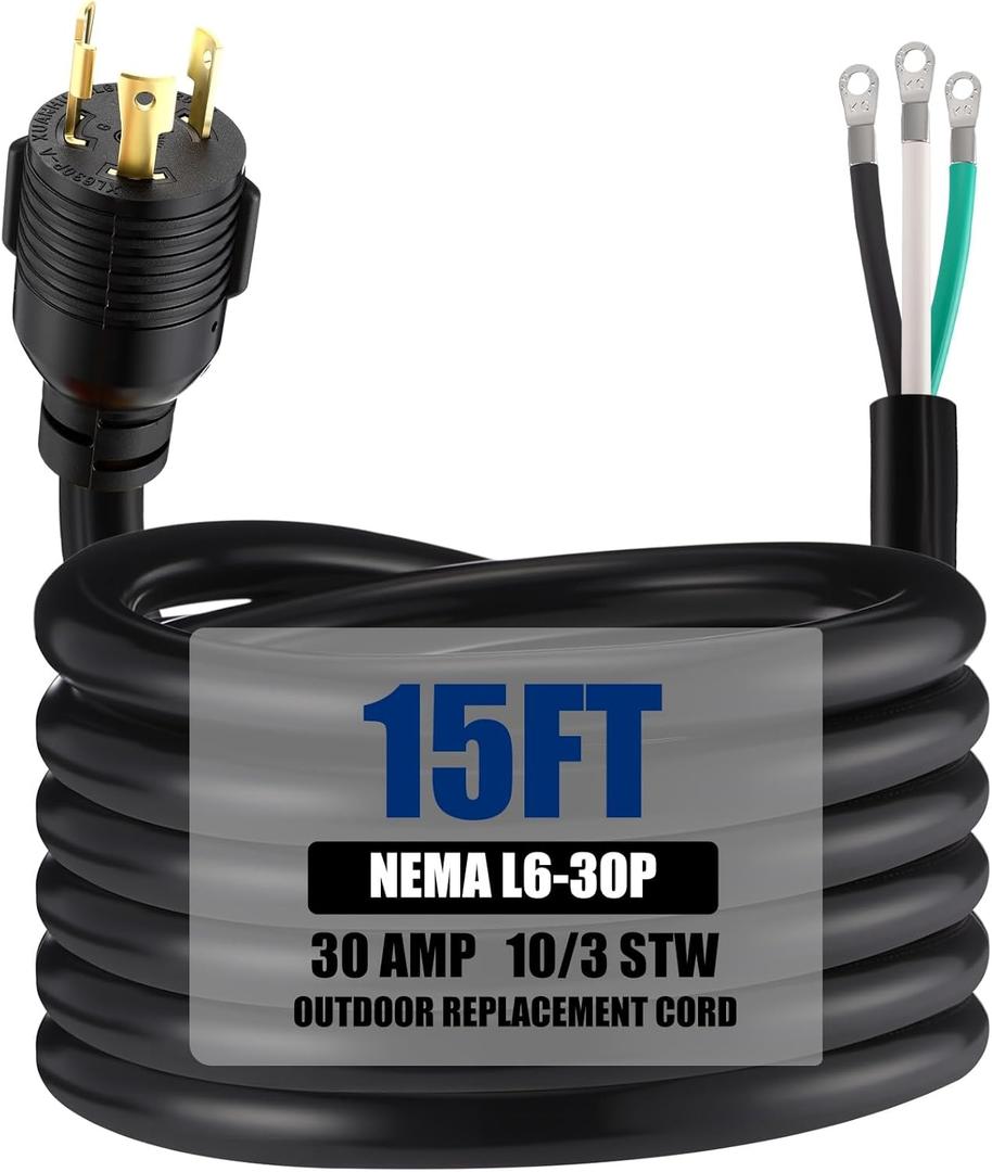 Kanayu 15 ft 10 Awg 3 Prong Replacement Power Cord Compatible with Nema L6-30p, 30 Amp 250v Welder Extension Cord with Open End for Welder Garage Heater Air Compressor, Etl Listed