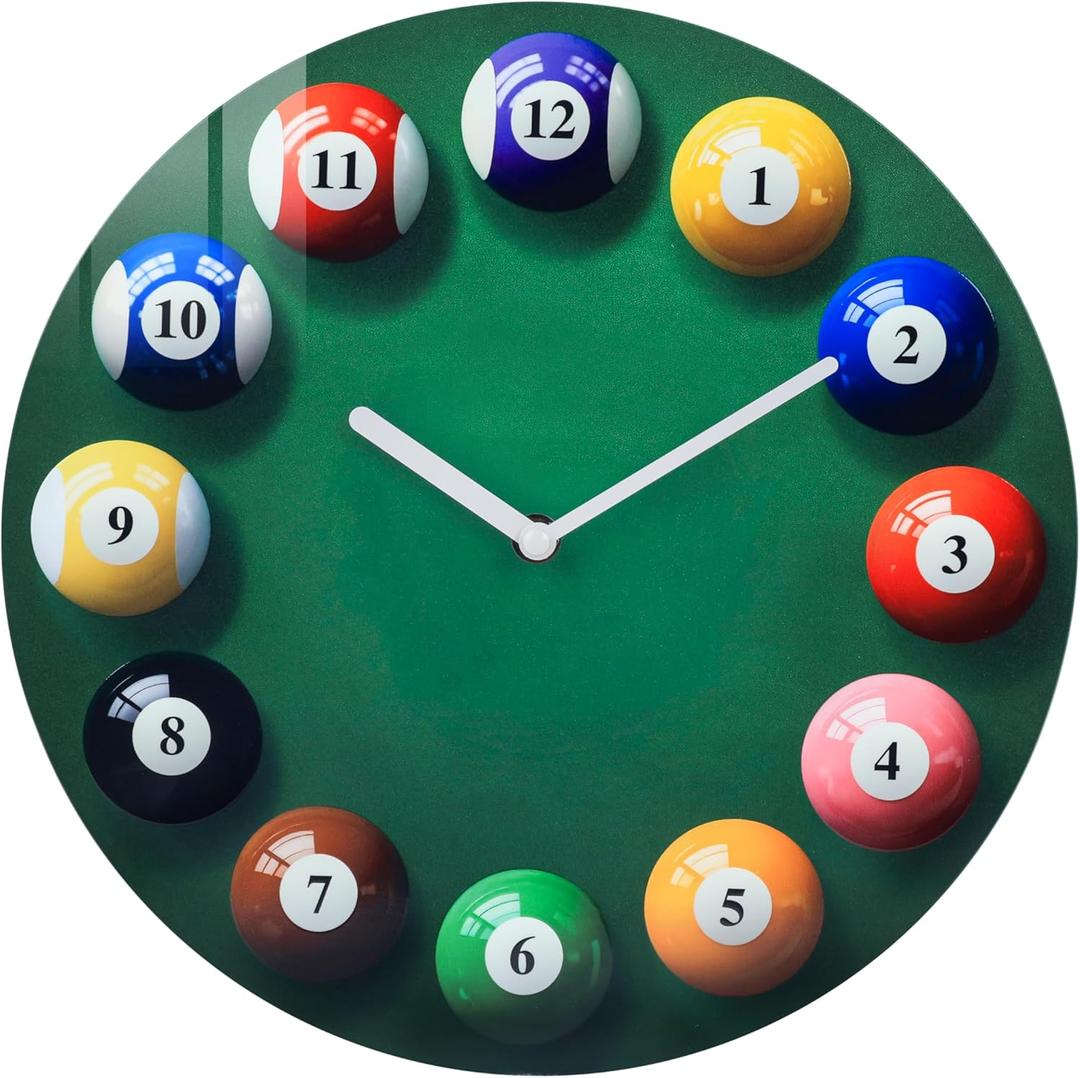Billiards Pool Ball Wall Clock-Glass Pool Table Wall Clock for Billiards Room,Pool Room,Bar,Gift(12 Inch)
