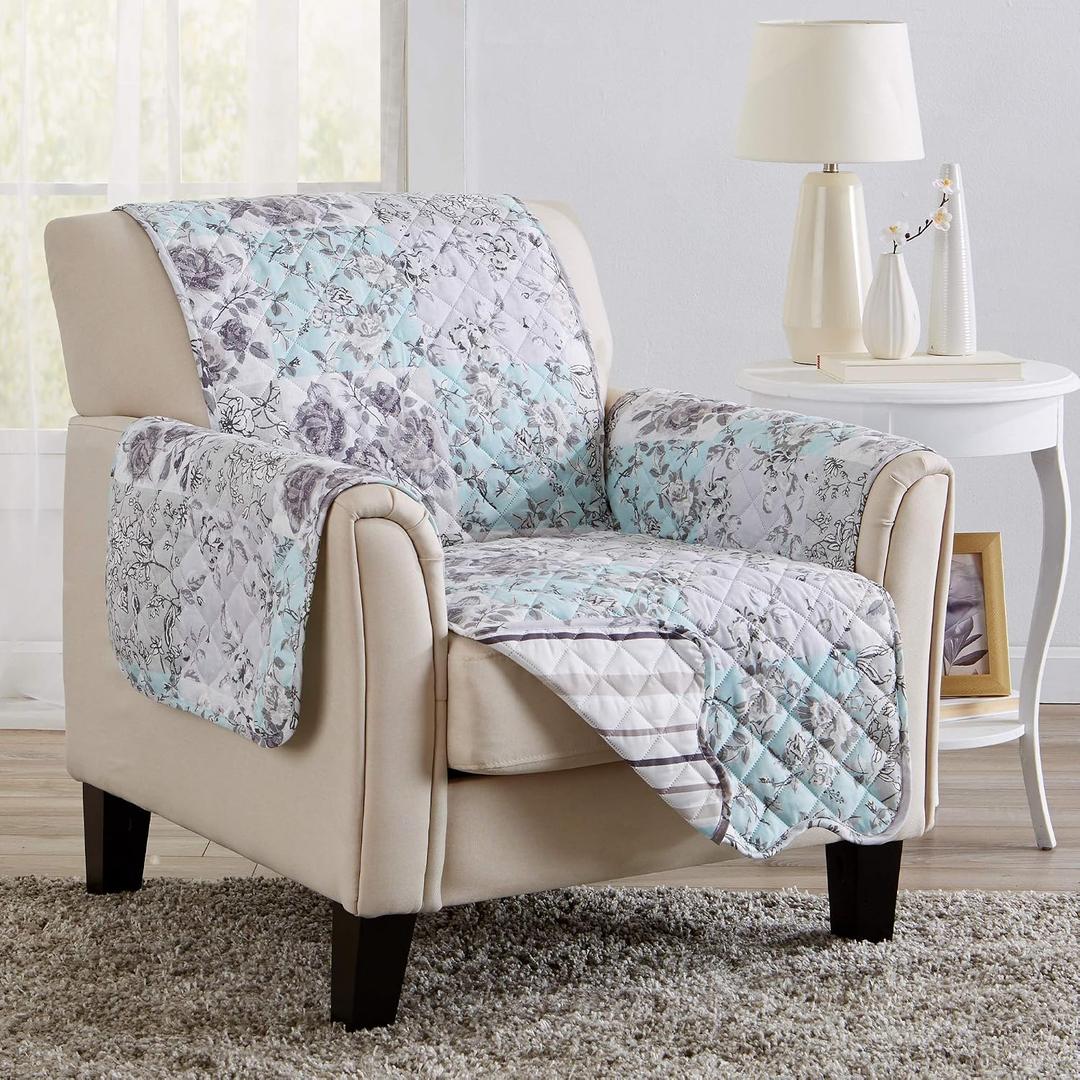 Great Bay Home Reversible Floral Patchwork Chair Furniture Protector - Machine Washable, Scalloped Edge, Stain Resistant, Printed Furniture Cover for Dogs, Kids, and Pets (Gray/Aqua)
