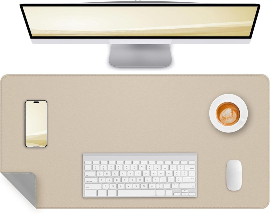 Dual-Sided Leather Desk Pad Protector- Non-Slip PU Desk Mat, Small Waterproof Office Blotter for Keyboard & Mouse | Desktop Mat | Home Office (35.4"x17", Beige Grey)