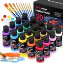 Fabric Paint, 20 Colors Permanent Soft Fabric Paint Set for Clothes in Bottles (60ml/2oz) with 10 Brushes, Palette