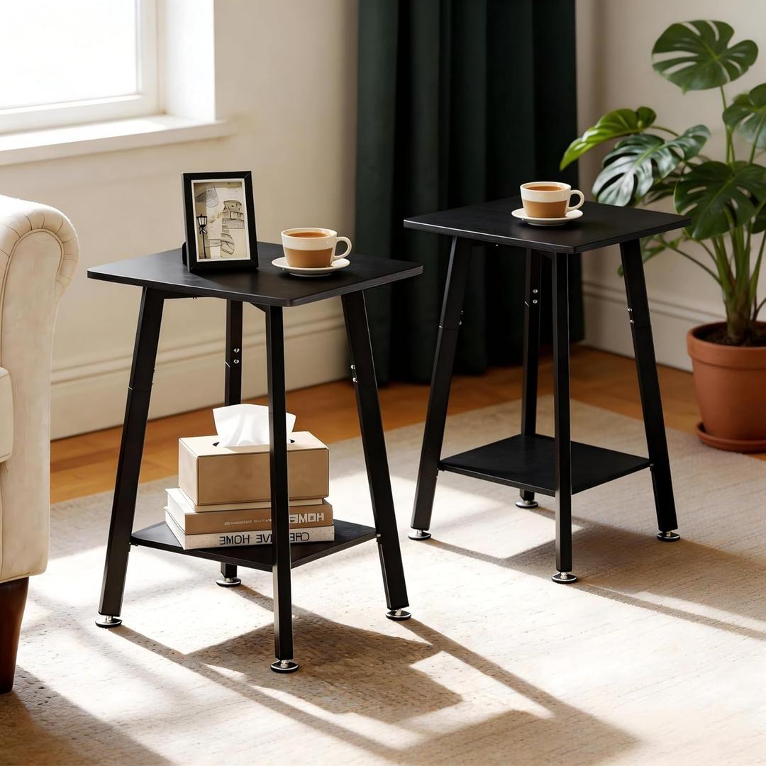King Oasis 2-Tier Small Side Table for Living Room, End Table with Storage Shelf, Wood & Metal Bedside Table Nightstand for Small Spaces, Sturdy Sofa Side Table for Bedroom, Matte Black 2pcs