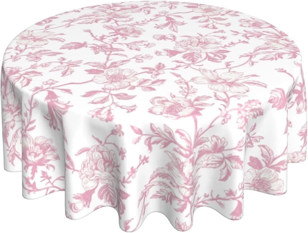 Pink Floral Tablecloth Round 70 x 70 Inch Light Pink Chinoiserie Floral Table Cloth Polyester Fabric Vintage Spring Summer Flowers Farmhouse Table Cover for Kitchen Party Picnic Outdoor Decor