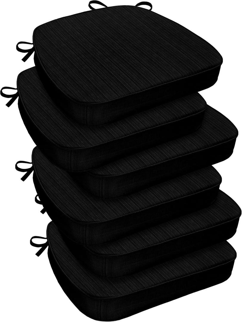 downluxe Indoor Chair Cushions for Dining Chairs, D-Shaped Chair Pads with Ties, Non Slip Dining Chair Cushions, 17" x 16" x 2.5", Black, 6 Pack 