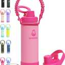 18 oz Insulated Water Bottle with 2 Lids (2-in-1 Straw & Spout Lid, Magnetic Lid), Slim Water Bottle with Strap, Stainless Steel Water Bottle for School, PA-Free, Pink