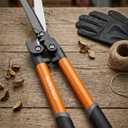 Fiskars Power-Lever Extendable Hedge Shears, Self-Sharpening Serrated Steel Blades for Clean Cuts, Handles Adjust 25"-33" for High Reach, Multiplies Leverage for 2x Power, 10" Blades, Orange/Black