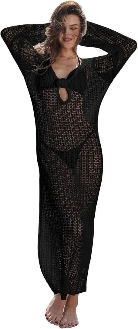 Leoparts Women's Knitted Swimsuit Cover Up 3D Floral Hollow Out Open Back Tie-Up Maxi Dress Beachwear Coverup Dresses (Large, 2416 Black)
