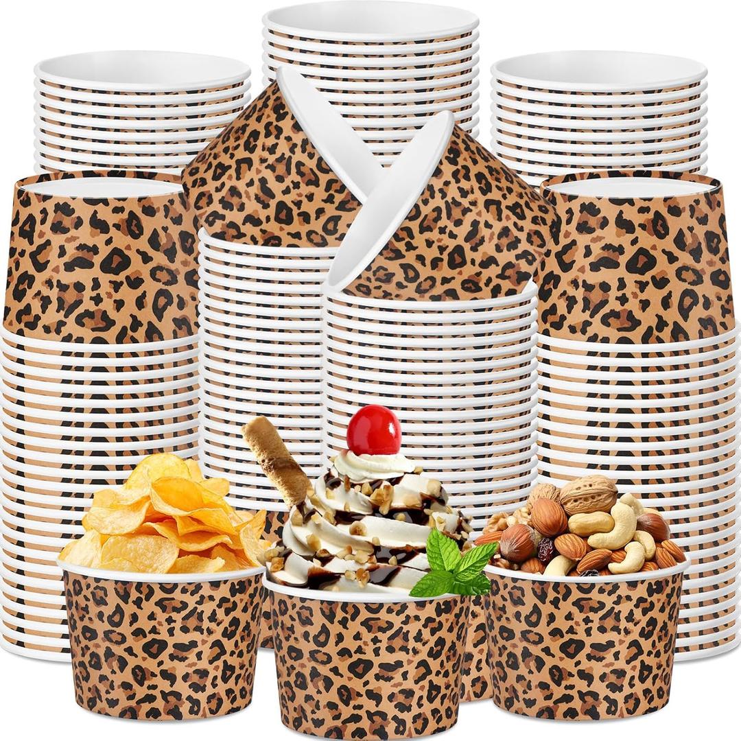 Zhehao 60 Pcs Leopard Print Ice Cream Disposable Dessert Paper Cups 9 oz Cheetah Print Bowls Snack Cups for Ice Cream Party Birthday Baby Shower Supplies