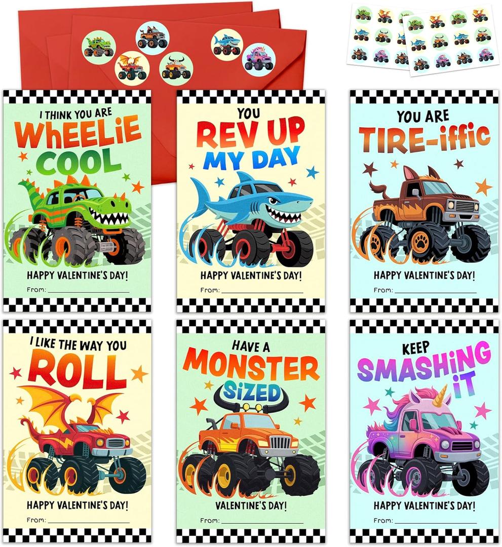 MAPDTWO 36 Packs Valentines Cards for Kids - Monster-style Trucks Valentines Day Card for Kids School Boys Classroom Party Favors - 3.2''x 4.7'' Exchange Monster Vehicle Cards & Stickers, Envelopes