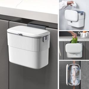 ELPHECO Kitchen Compost Bin with Lid 1.8 Gallon Hanging Trash Can with Lid, 7 Liter Wall-Mounted Garbage Can for Kitchen Cabinet Door, Small Under Sink Trash Can for Cupboard, Bathroom, Office, White