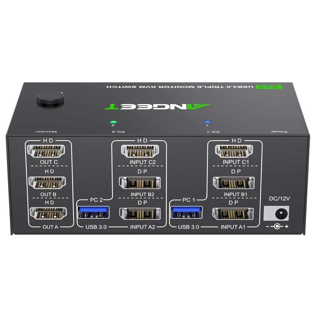 KVM Switch 3 Monitors 2 Computers 8K@60Hz 4K@144Hz, USB 3.0 Triple Monitor KVM Switch with 4 USB 3.0 Ports, 2*Displayport+1*HDMI in,3*HDMI Out,Wired Remote,Power Adapter and USB3.0 Cables Included