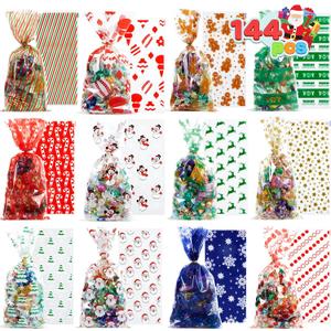 JOYIN 144 PCS Christmas Cellophane Bags with Ribbon for Holiday Treats, Christmas Clear Cello Gift Candy Cookie Bags for Party Favors, Festivals Presents, Party Supplies (11 X 5) (Red, Blue, Green)