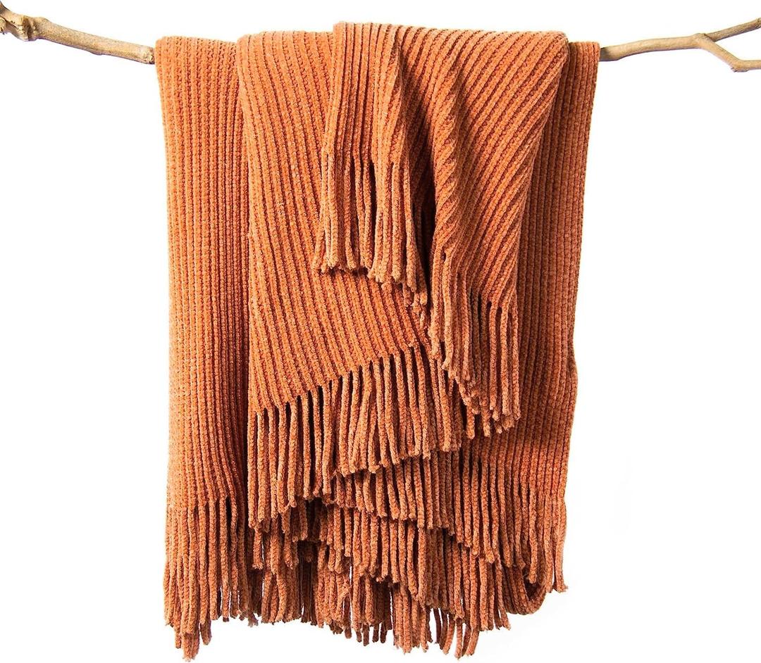 lifein Throw Blanket for Couch, Soft Boho Bed Throw,Cozy Burnt Orange Chenille Knitted Small Spring Lightweight Throw(Rust,50 * 60")