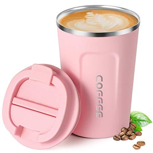 Smilatte 12oz (380ml) Vacuum Insulated Coffee Travel Mug, Leakproof Double Wall Stainless Steel Reusable Cup with Lid, Thermal Tumbler for Hot and Cold Drinks, Matte Texture Pink