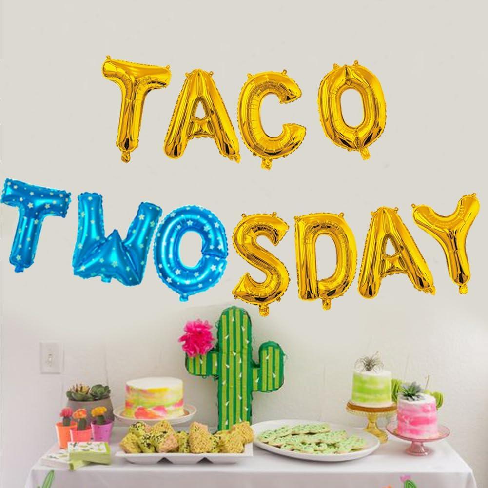 Boy Taco Twosday Birthday Party Decorations, Taco Twosday Balloons Cactus Fiesta Themed Banner for Taco 2sday Birthday Taco 2nd Birthday Party Supplies 14PCS Kit of Qinsly (Blue, Taco 2sDay) (14 Piece Set)