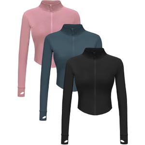 Dalavch 3 Pack Womens Cropped Full Zip up Workout Jacket Slim Fit Running Athletic Gym Yoga Sports Jacket with Thumb Holes (S)