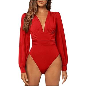 GORGLITTER Women's Sexy Ruched Deep V Neck Long Sleeve Bodysuit Plunging Neckline Leotard Shirts (Red S)
