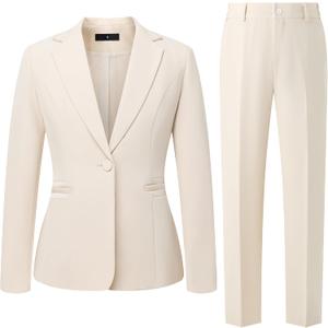 Women's 2 Piece Suit One Button Dressy Blazer Pants Suit Set Business Casual Outfits, Beige, Large