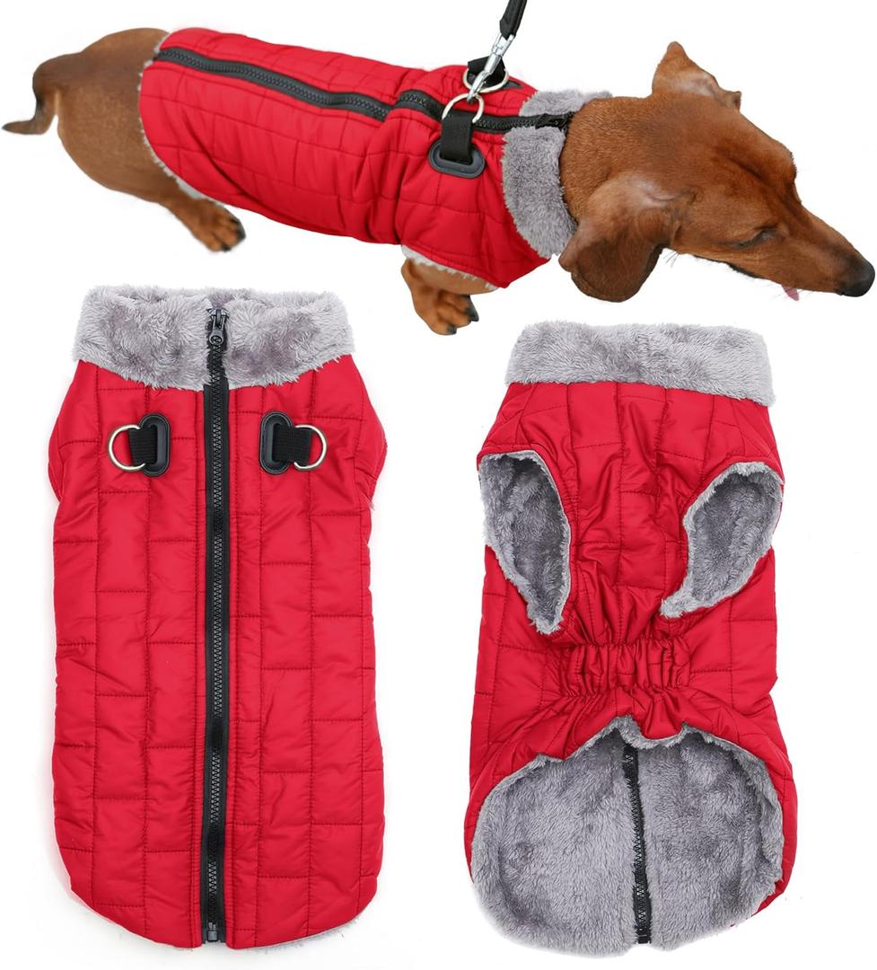 Warm Fleece Dog Coats with Durable Harness Buitl in D-Ring,Waterproof Puppy Jacket for Small Dogs,Dog Vest for Cold Winter, Red (Small)