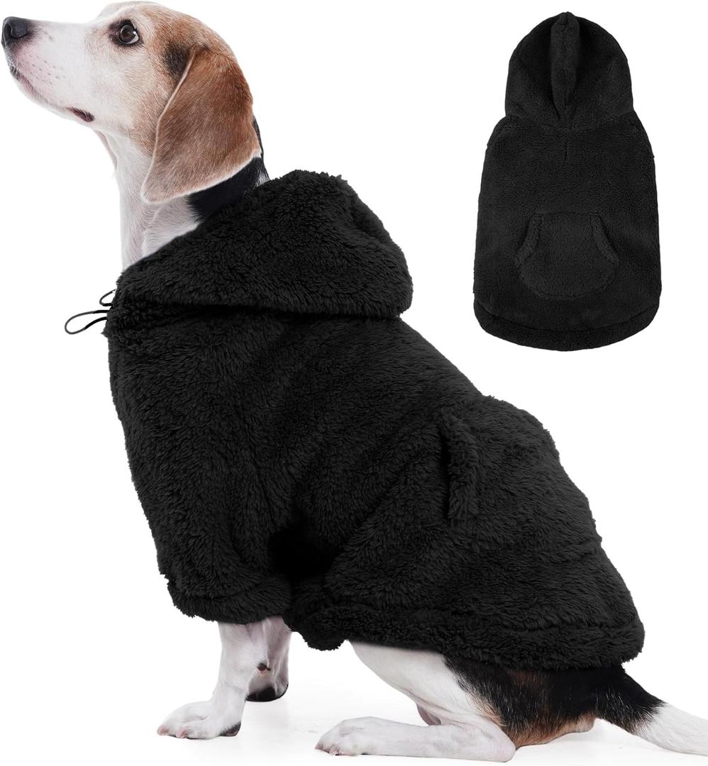 IDOMIK Fuzzy Dog Sweater with Adjustable Hood, Warm Fleece Dog Sweater Hoodie with Harness Hole & Pocket, Pullover Sweaters for Medium Dogs, Fuzzy Hooded Sweatshirt for Fall Winter Christmas,Black,L