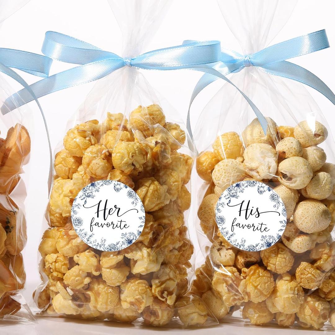Chivertion 100 Set His Her Favorite Stickers with Popcorn Bags 5x11 Inch Treat Candy Cookie Bags for Bridal Shower Wedding Favor Treat Candy Stuffers Packaging(Blue,Ribbon)