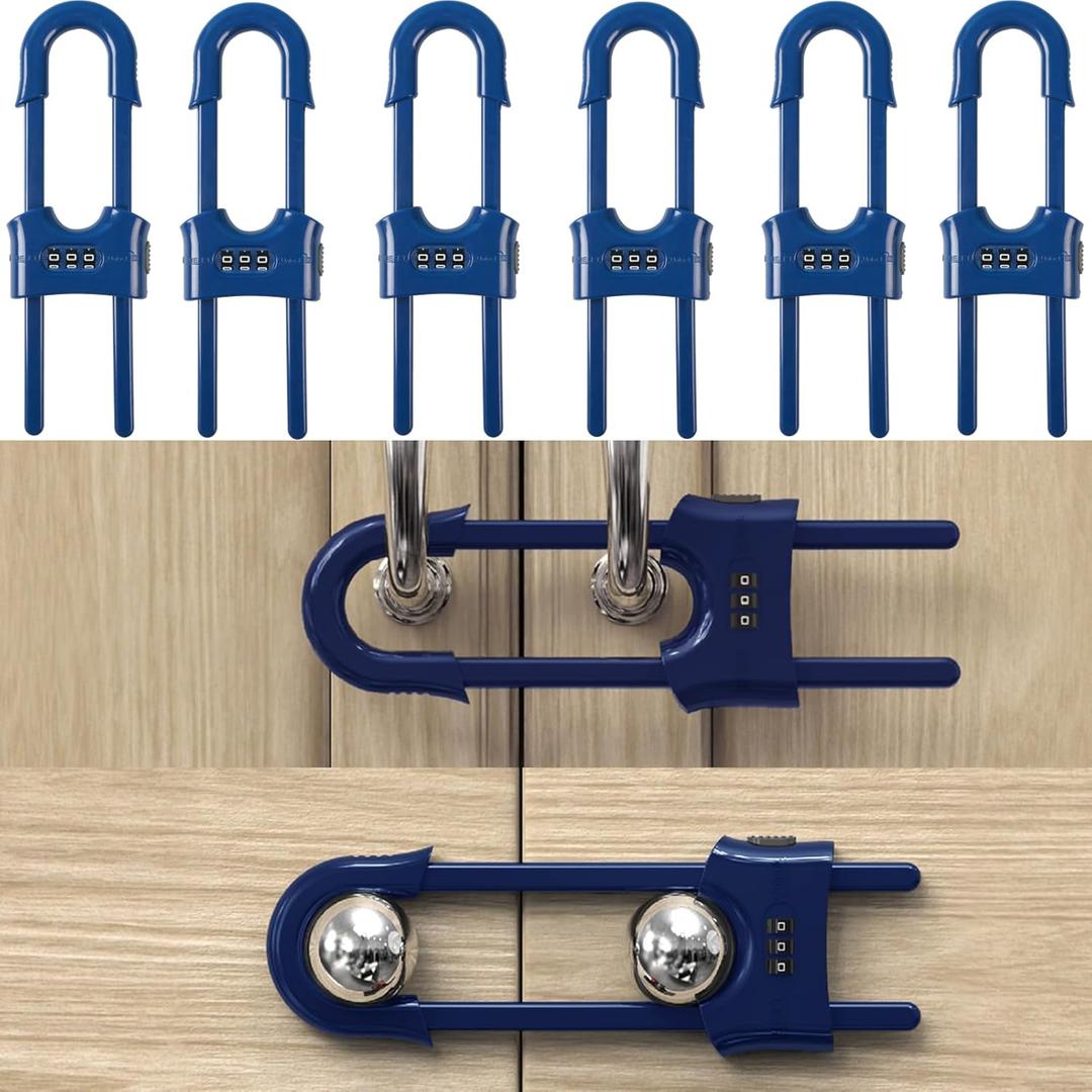 6 Pack Child Proof U-Shaped Code Sliding Cabinet Door Locks Adjustable Baby Safety Plastic Cupboard Cabinet Latches Set for Knob Handle Drawers Closet Blue