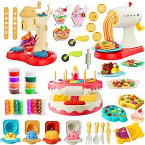 4 in 1 Color Dough Sets for Kids Ages 4-8,Kitchen Creation Toys with Ice Cream Maker,Noodle Maker,2-in-1 Hamburger&Cake Maker,Christmas Birthday Gifts for Boys Girls (16 Colorful Dough)