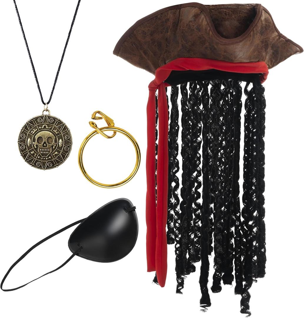 Spooktacular Creations Deluxe Pirate Hat with Dreadlocks, Eye Patch, Earring, Necklace, Tricorn Pirate Hat for Men, Halloween Costume Accessory, Caribbean Fancy Dress Up Brown