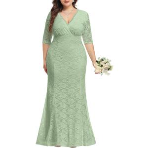 Wedding Dresses for Bride Plus Size - Mermaid Formal Evening Gown Wrap Neck Lace Dress (Sage Green), 14 Plus