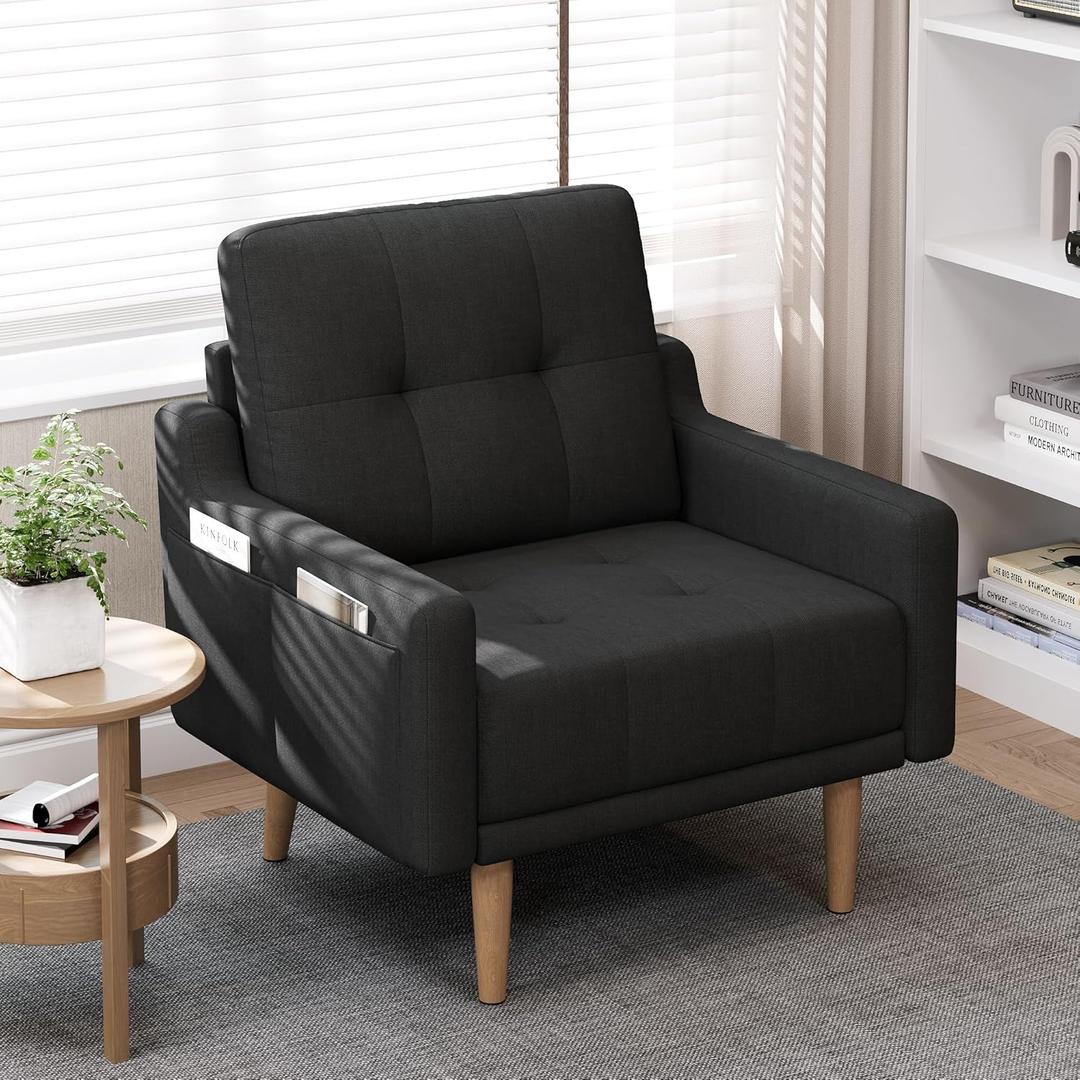 EJUNQ Mid Century Modern Accent Chair Upholstered ArmchairComfy Reading Chair with Wood LegsFabric Single Sofa Chair for Living Room Bedroom Small Spaces (1, Black)