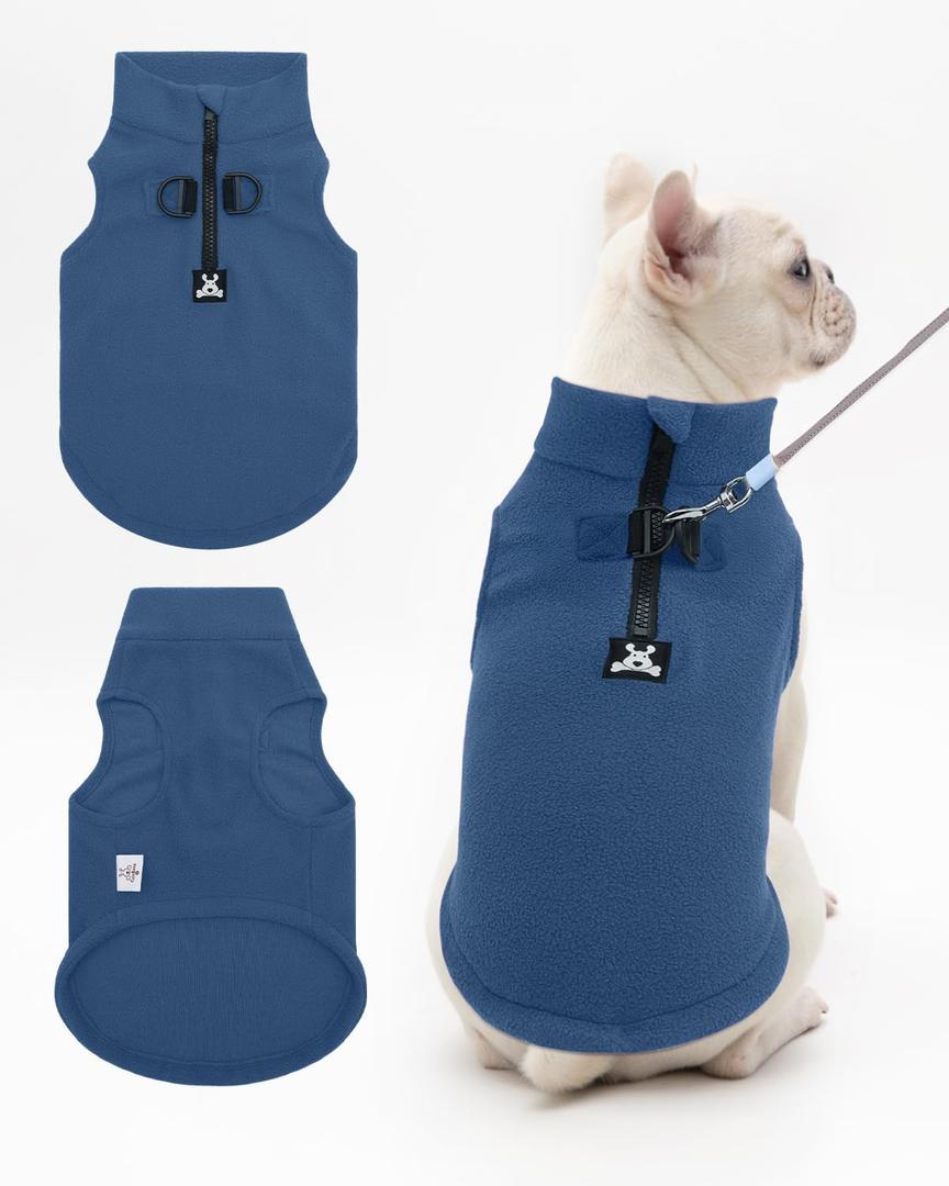 CuteBone Fleece Dog Vests Blue with Turtleneck, Half Zip-Up & Pullover Winter Sweaters Shirts for Small & Medium Dogs - Warm Thermal Jackets with D-Ring, Ideal for Cold Weather DZBX02M