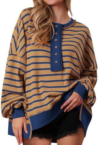 PRETTYGARDEN Womens Fall 2026 Striped Oversized Sweatshirt Long Sleeve Button Up Henley Neck Waffle Knit Pullover Tunic Tops, Size XL