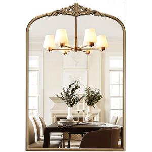 Vintage Arched Gold Wall Mirror, 24"x36" Antique Baroque Wall Mirrors, Ornate Arch Brass Mirror for Bathroom Over Sink, Bedroom, Fireplace, Entryway, Living Room, Hanging or Leaning