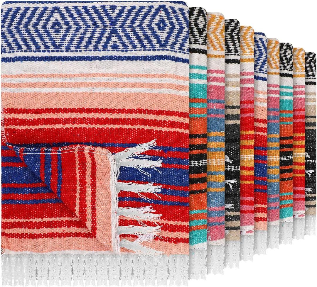 Haull 10 Pcs Large Mexican Blankets Bulk 51" x 71" Mexican Serape Blankets Yoga Authentic Throw Colorful Striped Falsa with Fringed for Outdoor Car Travel Camping Beach Picnic Patio Mat Towel, Small