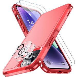 SPIDERCASE for iPhone 14 Case/iPhone 15 Case, [15 FT Military Grade Drop Protection][Non-Slip] 2 Pack [Tempered Glass Screen Protectors+Camera Lens Protectors] Heavy Duty Shockproof Case, Red